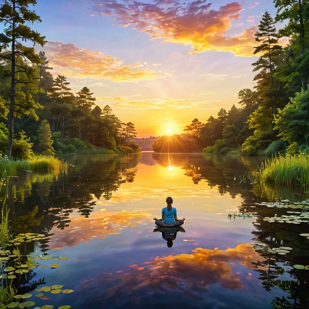 A serene landscape depicting a sunrise over a tranquil lake, surrounded by lush greenery, symbolizing growth and positivity. In the foreground, a person practicing mindfulness meditation with a gentle smile, radiating happiness. Bright colors reflecting the joy of life, with motivational quotes subtly integrated into the scene. super-realistic. vibrant colors. peaceful atmosphere.