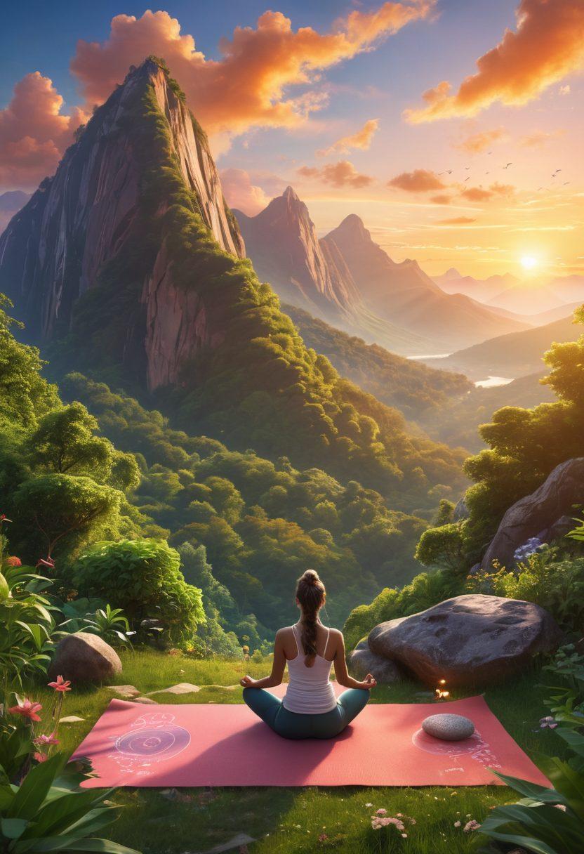 A serene landscape with a person meditating on a mountain peak, surrounded by lush greenery and a stunning sunrise in the background. Incorporate symbols of wellness like yoga mats, healthy foods, and uplifting quotes gently floating around. The scene should evoke feelings of tranquility and inspiration, inviting viewers to embark on their own journey of self-improvement. super-realistic. vibrant colors. soft lighting.