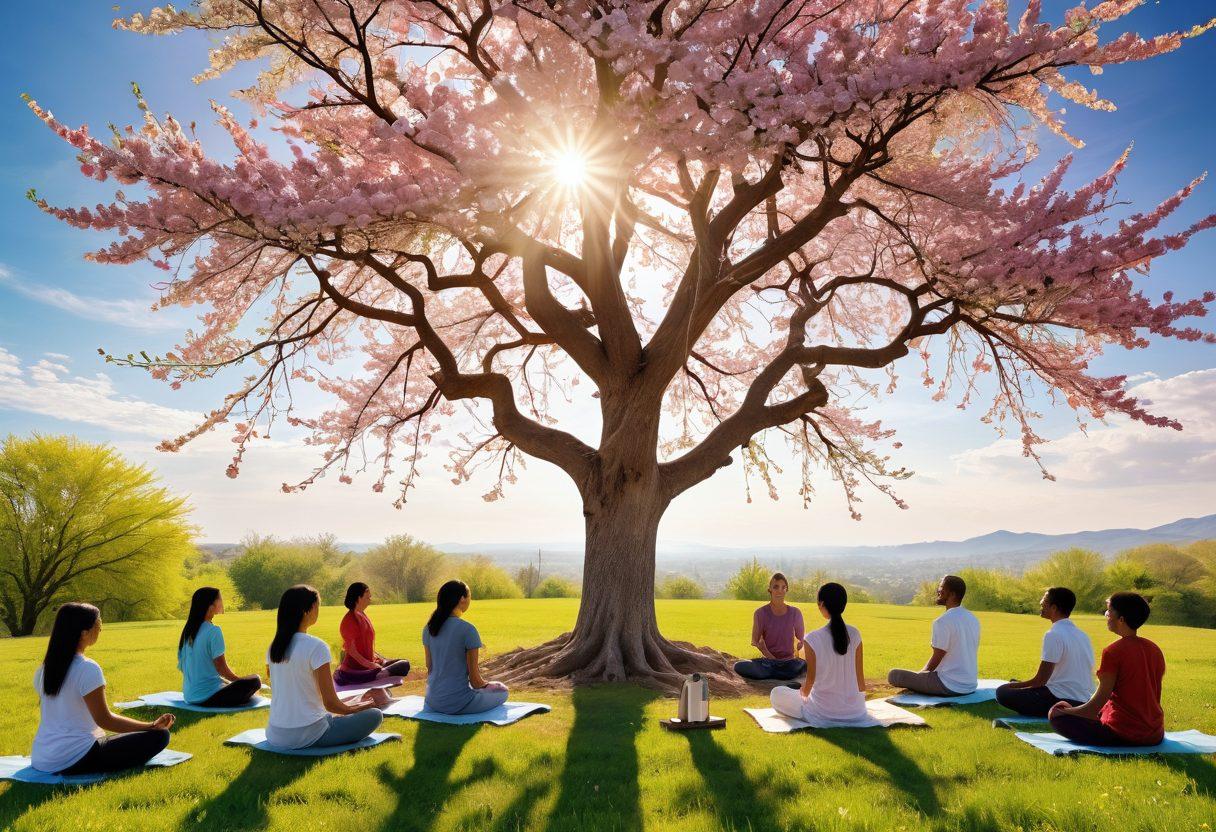 A serene landscape featuring a blossoming tree under a radiant sun, symbolizing joy and fulfillment. In the foreground, a diverse group of people practicing various strategies for happiness, such as meditating, laughing, and engaging in creative activities. Soft, uplifting colors that evoke a sense of peace and optimism. Enhance the mood with gentle sunlight filtering through fluffy clouds. vibrant colors. painting.